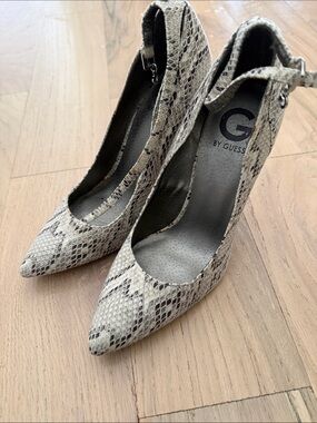 G by Guess Snake-Print Pointed Toe Ankle-Strap Pumps in Beige and Brown